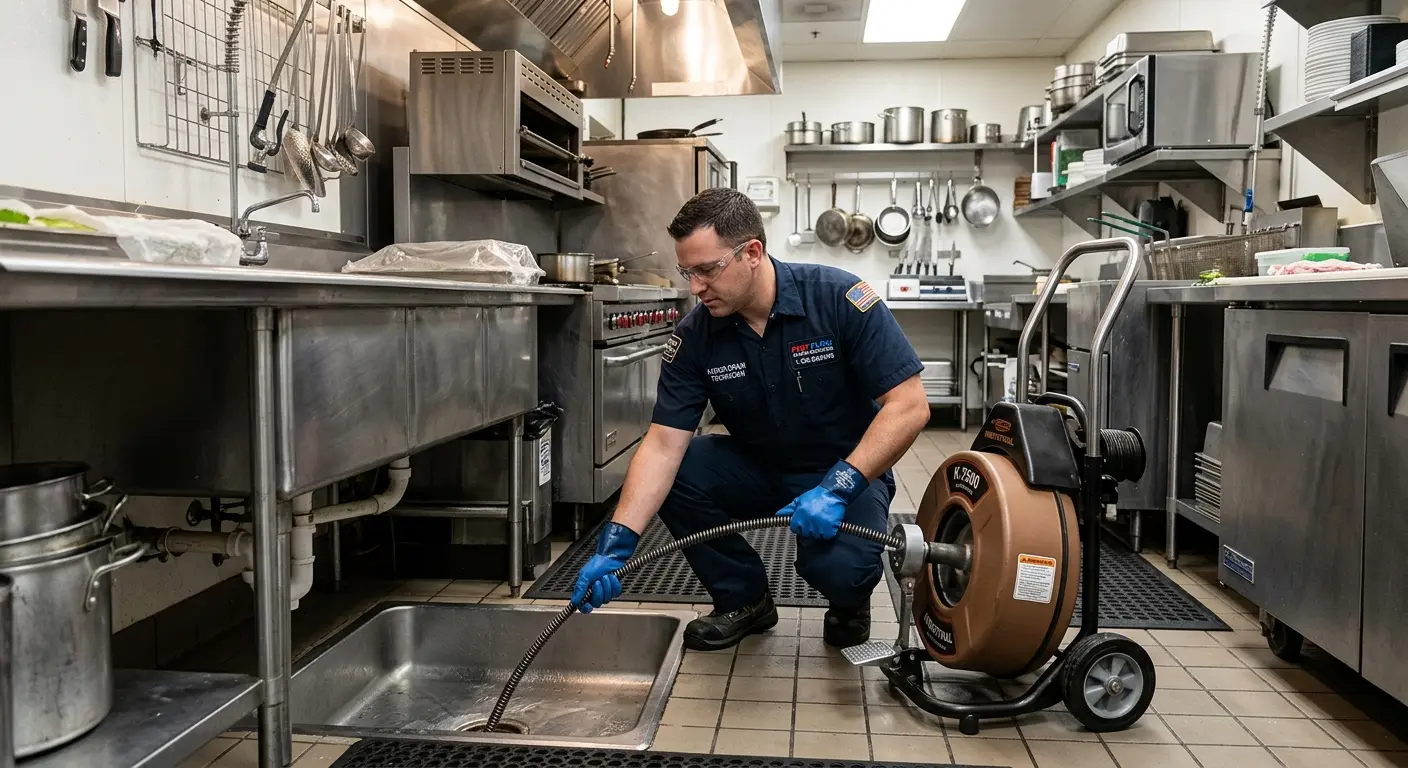 Commercial drain cleaning service in a restaurant kitchen in St. Marys