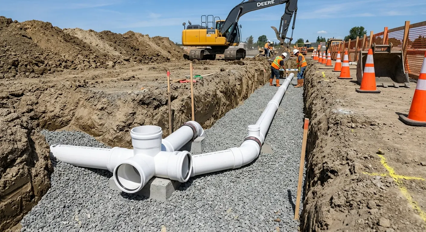 New PVC sewer pipe installation in open trench for Commercial Drain Cleaning in St. Marys