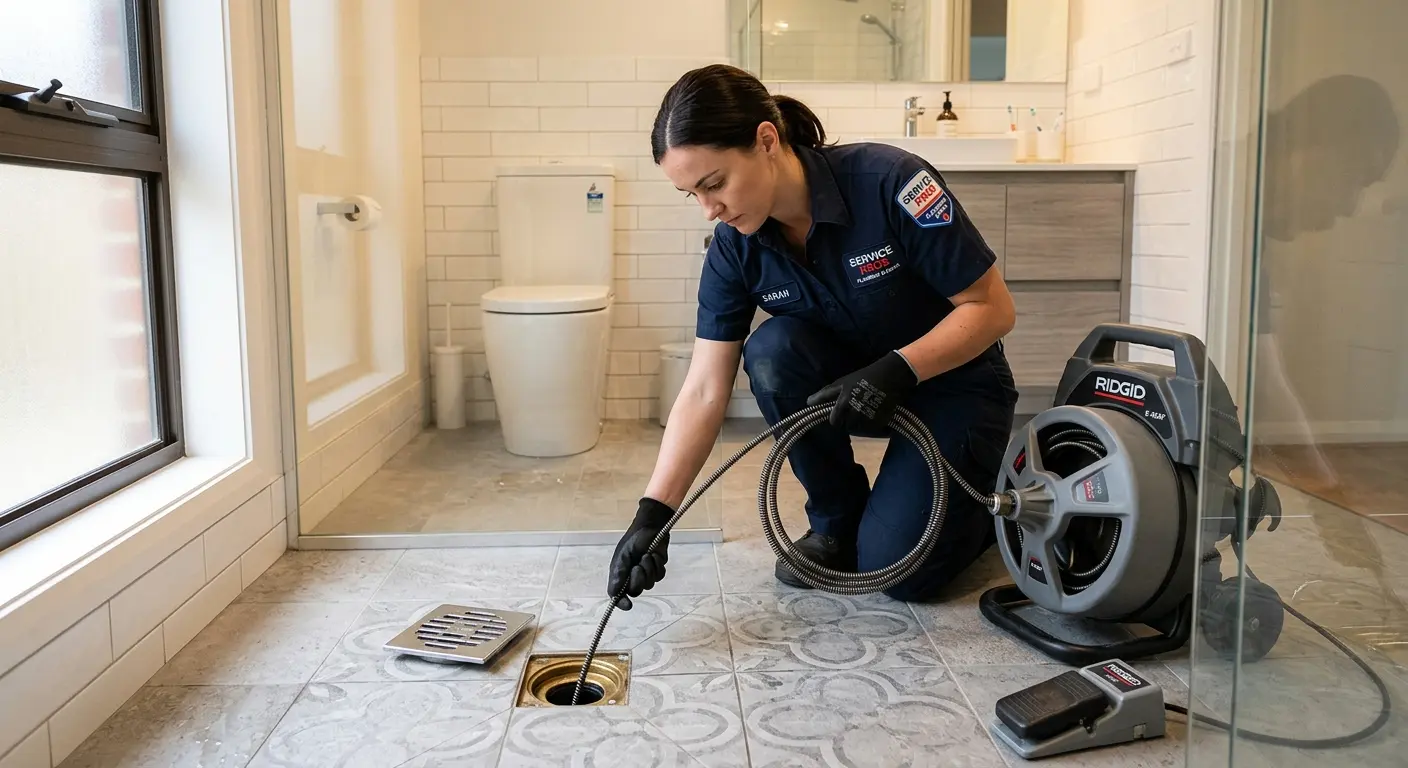 Technician clearing a bathroom floor drain for Drain Cleaning in St. Marys